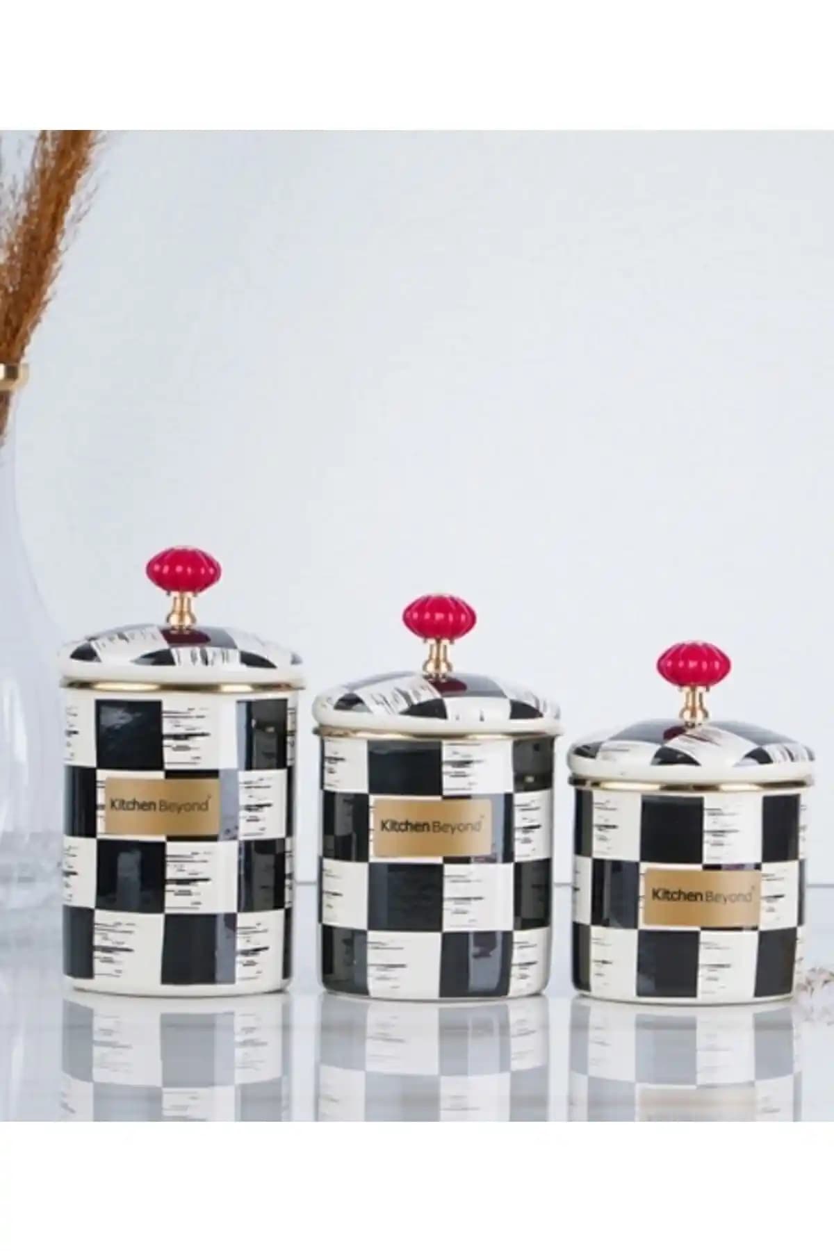Zücev Acar Kitchen Beyond Dama Desen Siyah-Krem Emaye 3'lü Kavanoz Saklama Baharat Takımı