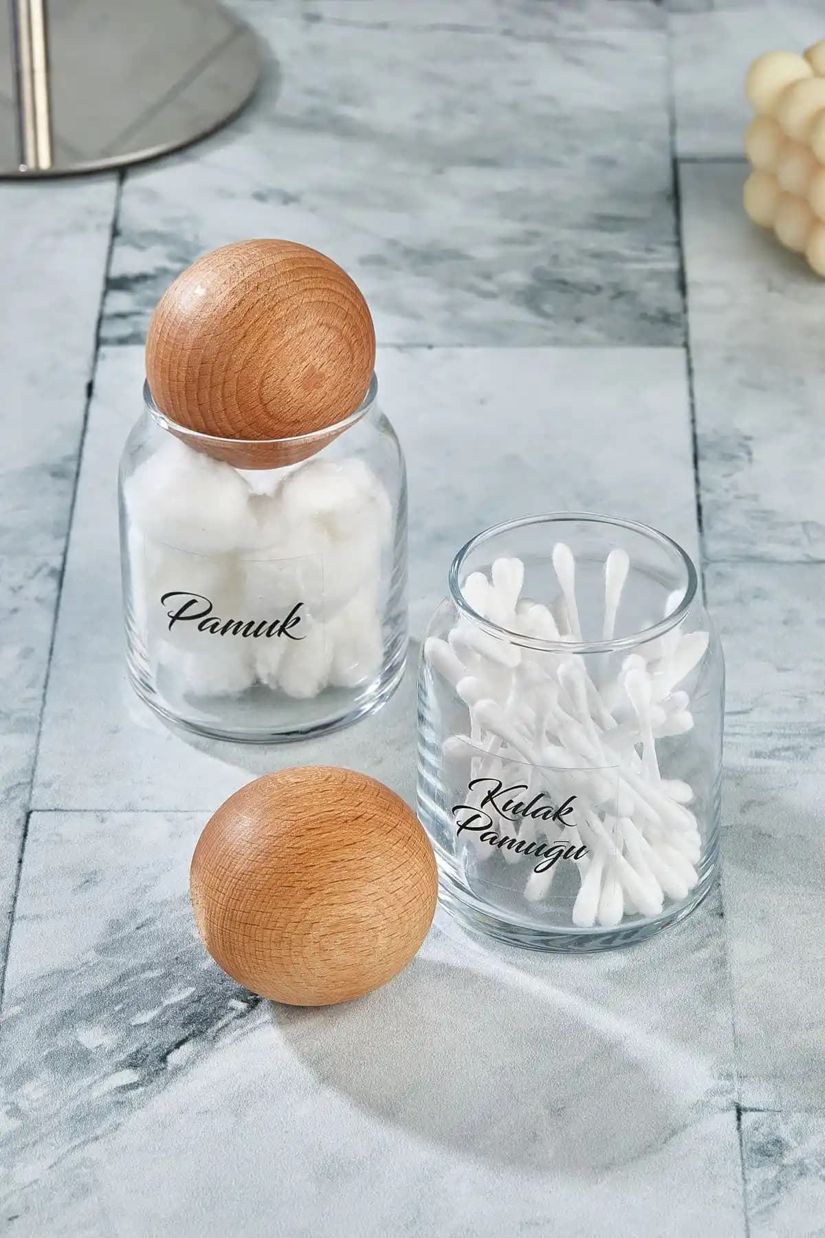 FBZhome 2'li Cam Top Kapaklı Kulak Pamuğu ve Makyaj Pamuğu Saklama Kutuları