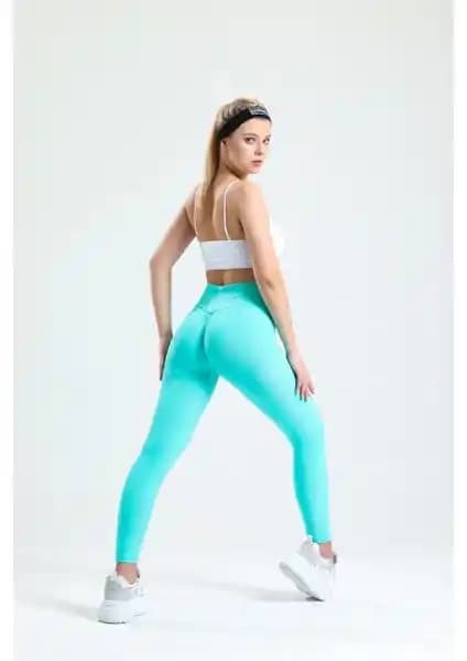 Gymhams Mint Yeşil Kalçası Büzgülü ve Push Up Özelliğiyle Yüksek Bel Seamless Tayt
