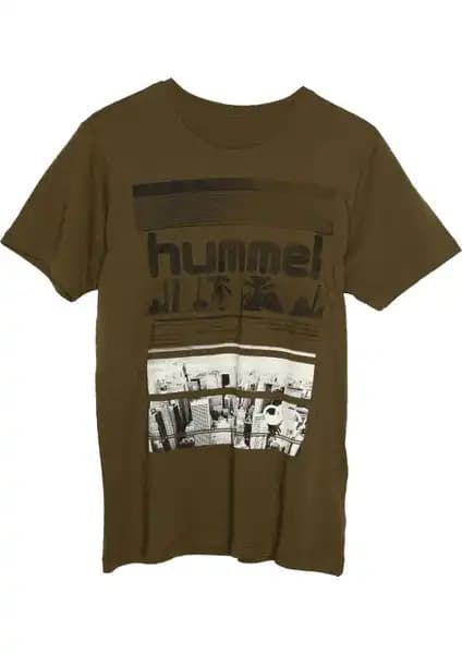 Hummel Dean Erkek Haki Baskılı Bisiklet Yaka Tişört Günlük ve Spor Kullanımına Uygun
