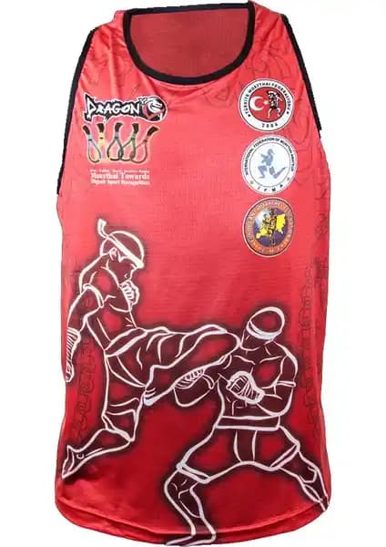 Muay Thai Federasyon Logolu Dijital Baskılı Atlet Kırmızı Renkli Spor Giyim Ürünü