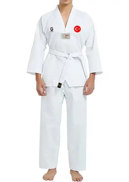 Top Glory Fitilli Beyaz Yaka Baskılı Taekwondo Elbisesi Sporcular İçin Dayanıklı ve Estetik Tasarım