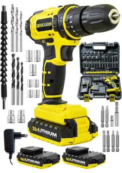 Graizer Alman Rcz 58 V Çift Akülü Darbeli Vidalama Matkap Seti 27 Parça Güçlü ve Dayanıklı