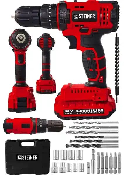 Steiner Alman 58 V 5 Ah Darbeli Lityum Çift Akülü Vidalama Seti Profesyonel ve Hobi Kullanımı İçin