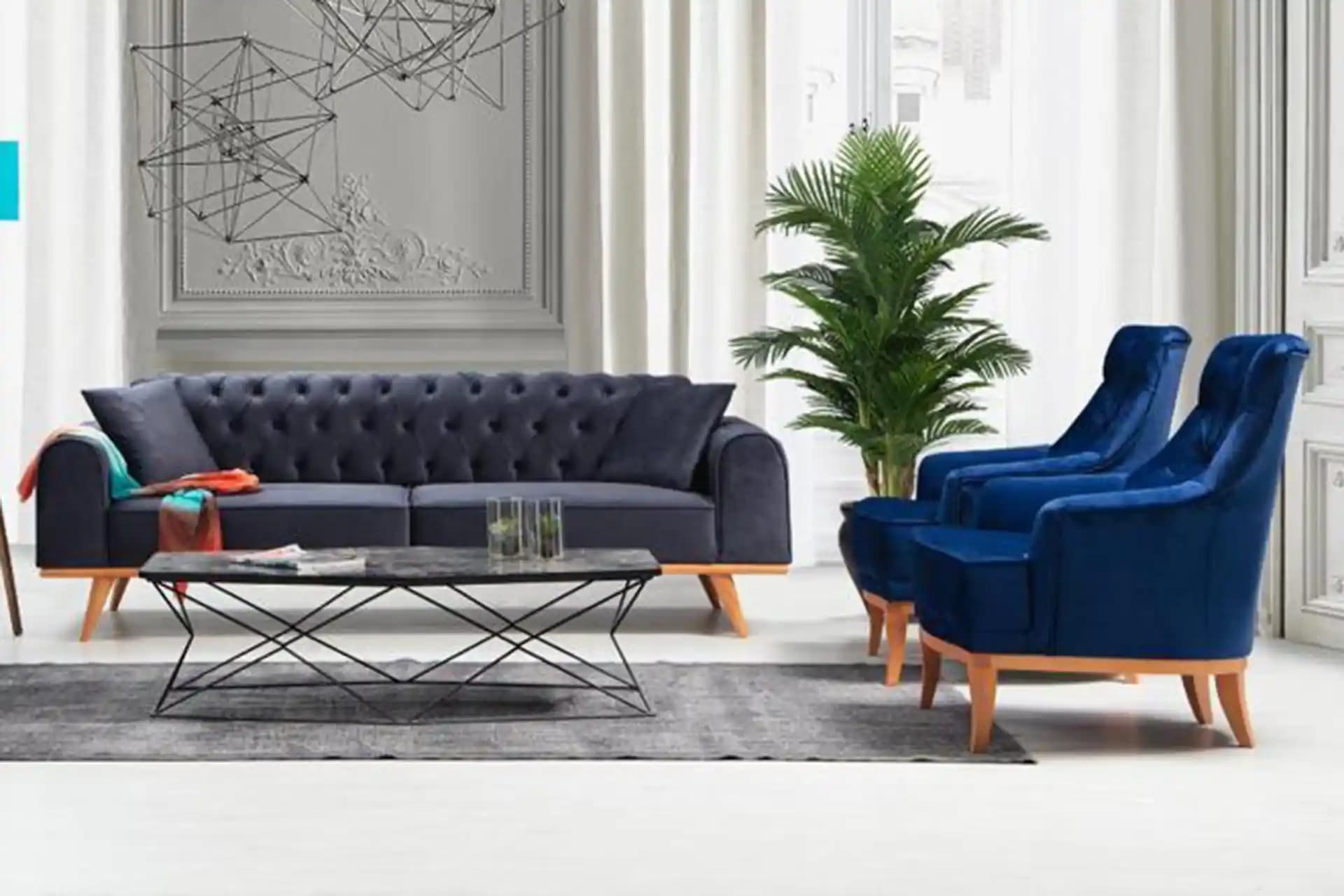 Saks Mavisi ve Gri Renkleriyle Modern Koltuk Takımı Dekorasyonu Rehberi