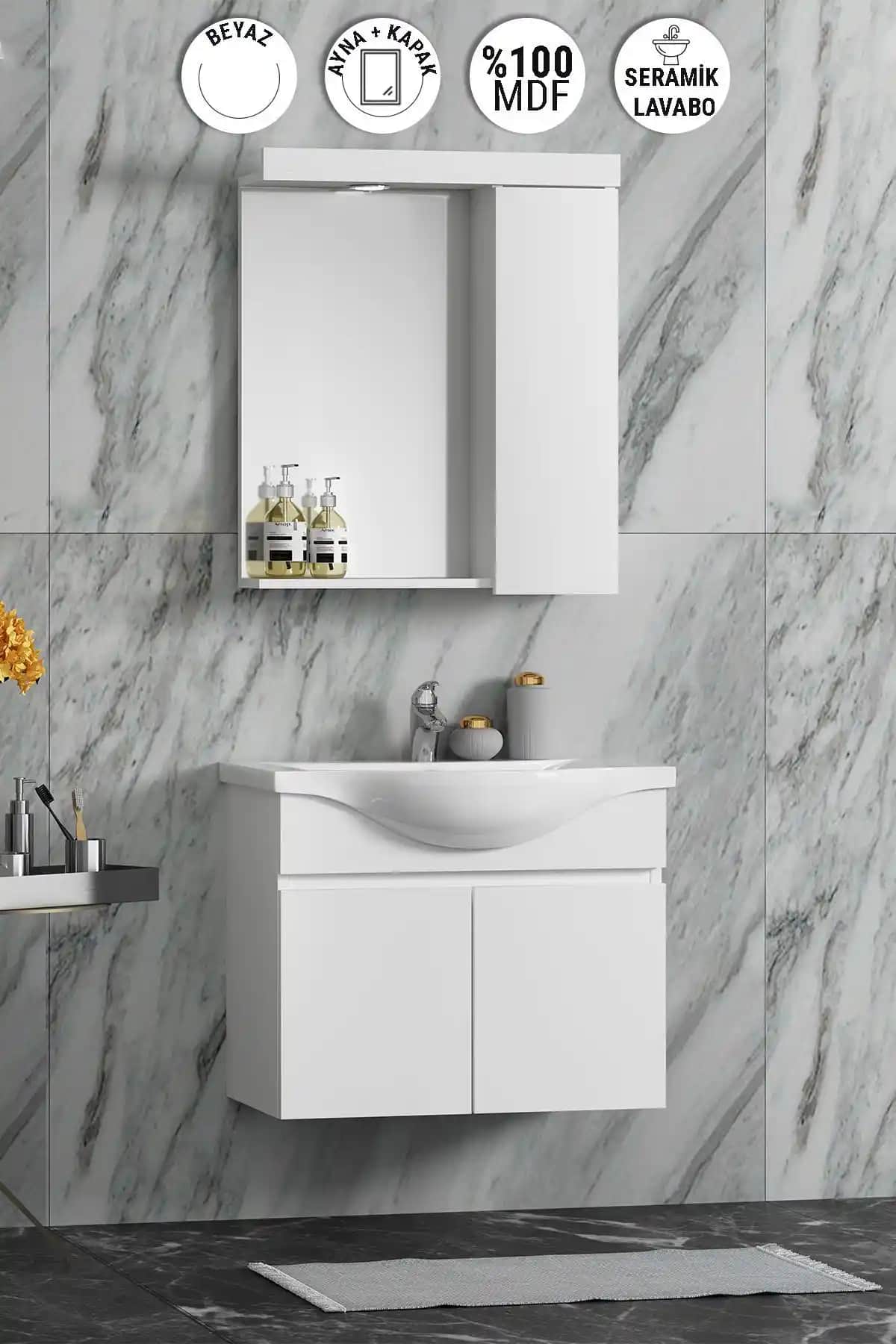 Özceden Yılz 55 cm ve 65 cm Beyaz MDF Seramik Lavabolu Banyo Dolabı Karşılaştırması