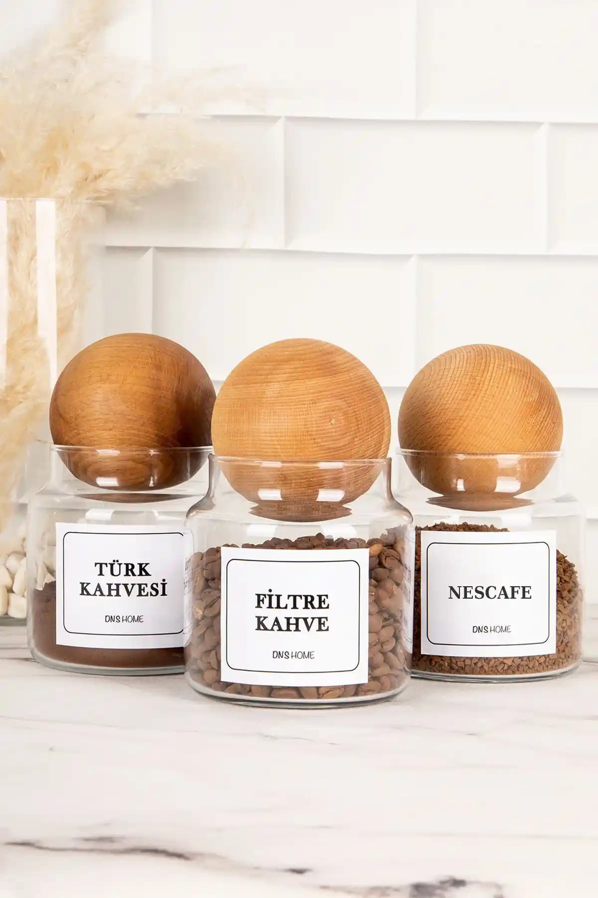 DNS HOME 3'lü Ahşap Top Kapaklı Cam Kahve Saklama Kabı Seti 500 ml Kapasiteli