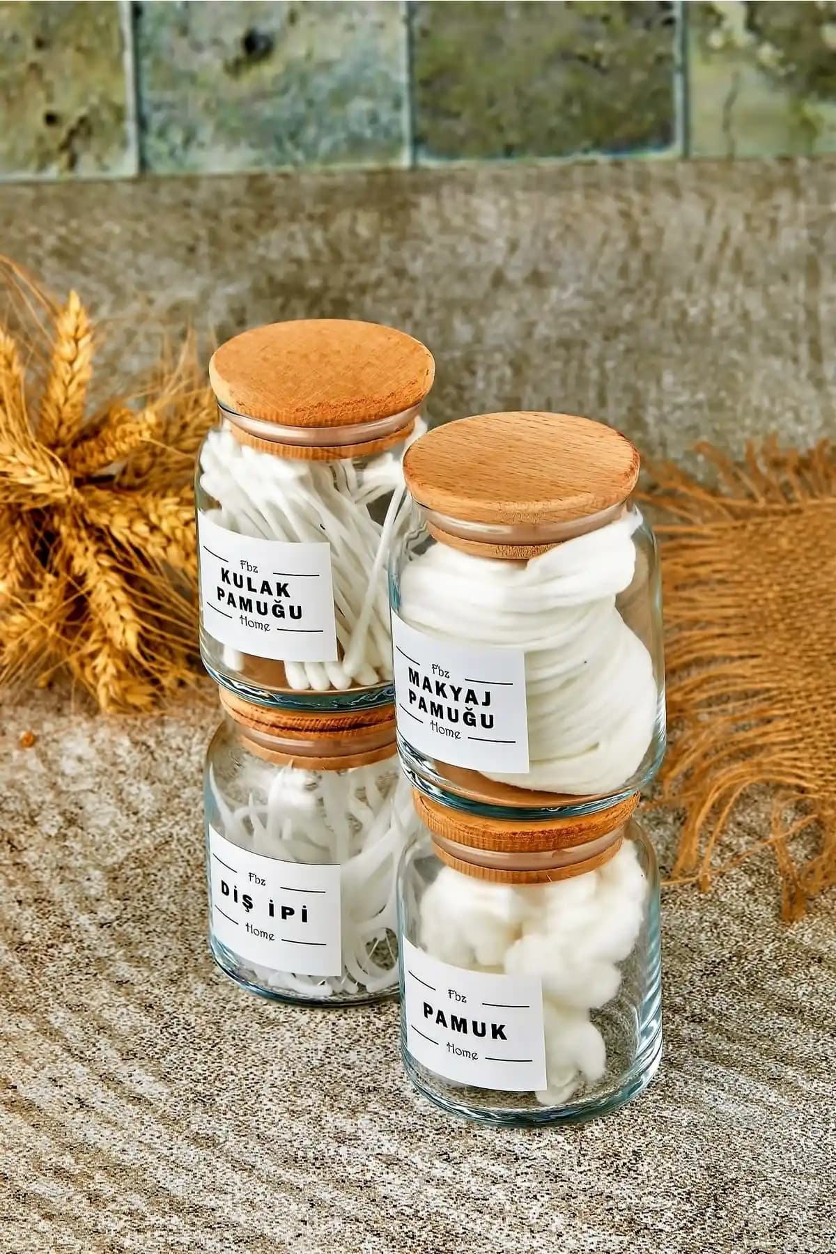 FBZhome 4'lü Ahşap Kapaklı Cam Pamukluk ve Banyo Organizer Seti 300 ml