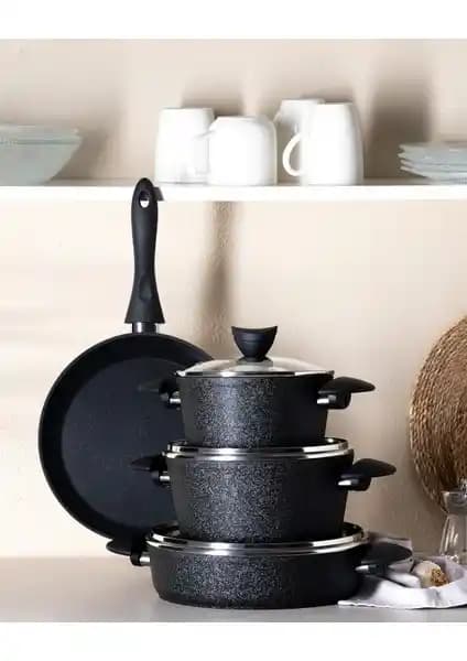 Madame Coco Titanium 7 Parça Siyah Tencere Seti - Sağlıklı ve Dayanıklı Pişirme