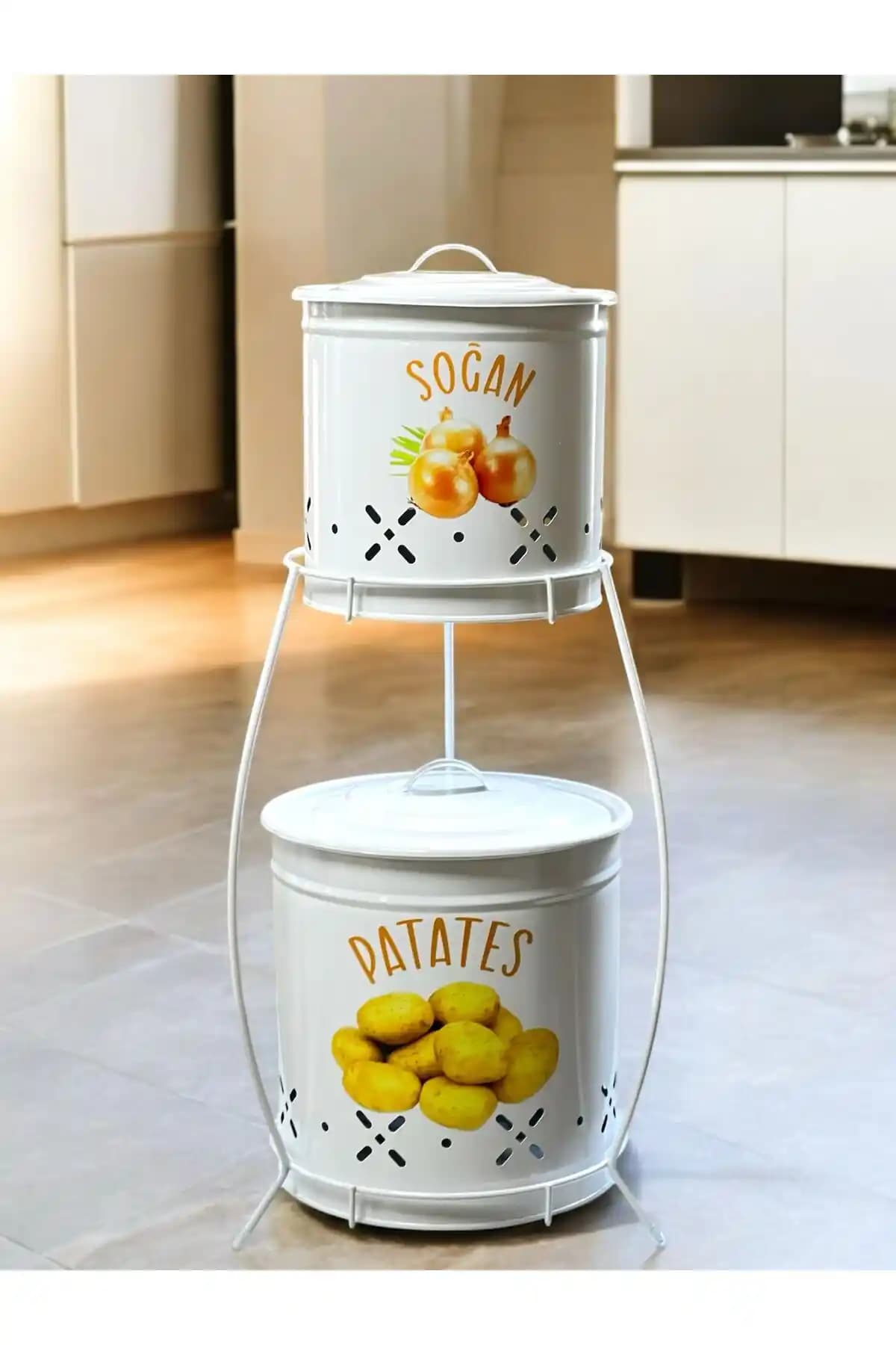 Metalshop 2 Katlı Küçük Boy Metal Patates Soğan Kovası ile Mutfakta Düzen Sağlayın