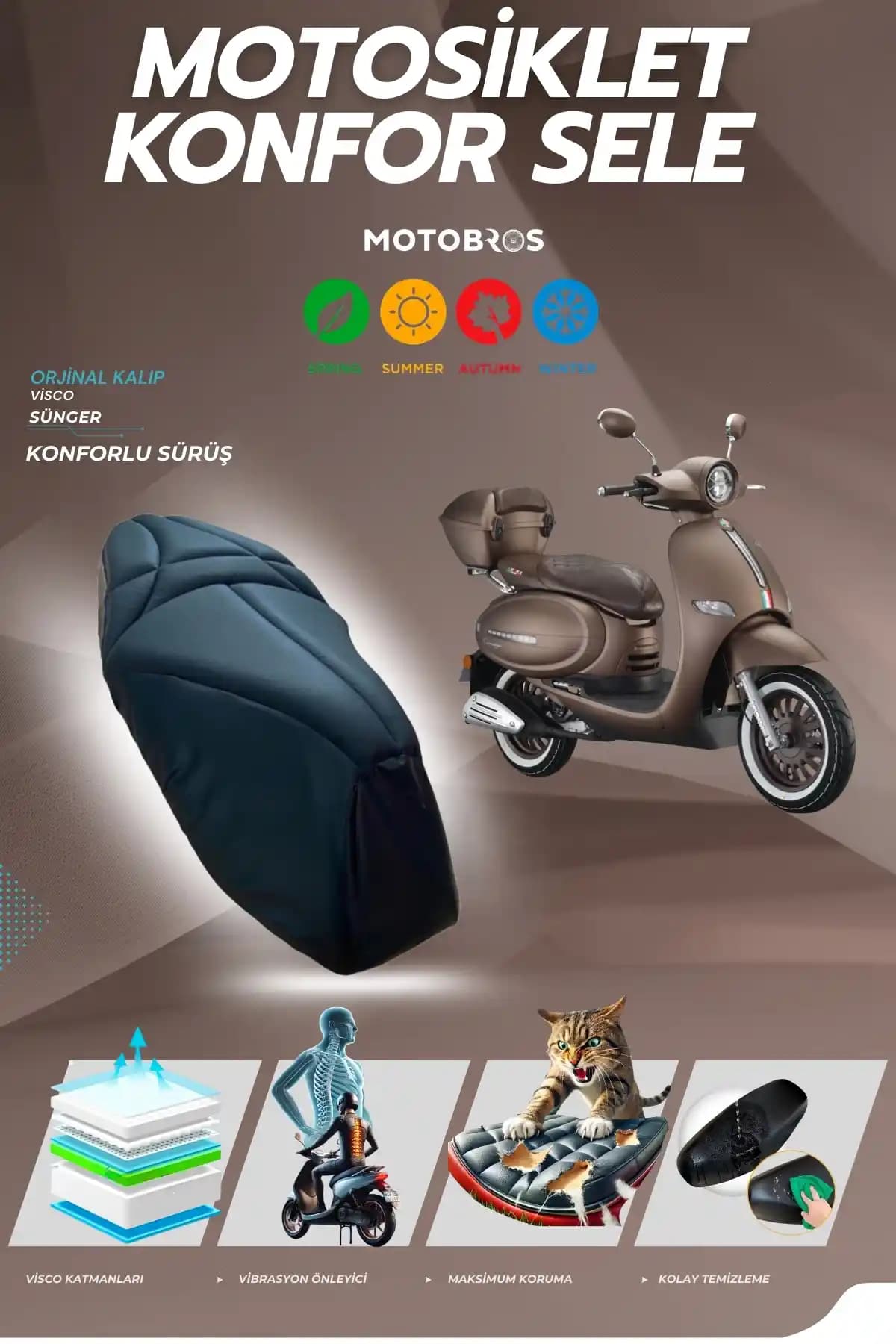 Motobros ARORA CAPPUCİNO Konfor Sele Kılıfı Visco Süngerli Ergonomik Tasarım