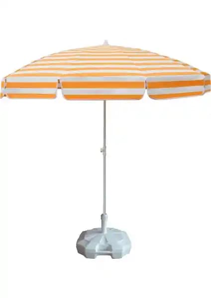 Ods Çizgili Plaj Şemsiyesi Turuncu-Beyaz 20 lt Bidonlu Dayanıklı Güneş Koruma