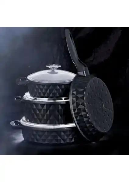 Taç Carabella Döküm Cam Kapak 7 Parça Siyah Tencere Seti - Sağlıklı ve Dayanıklı Mutfak Gereci