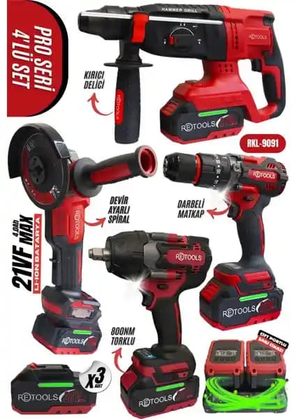 Retools Yeni Seri 4'lü Güç Seti Profesyonel Kullanım İçin Yüksek Performanslı