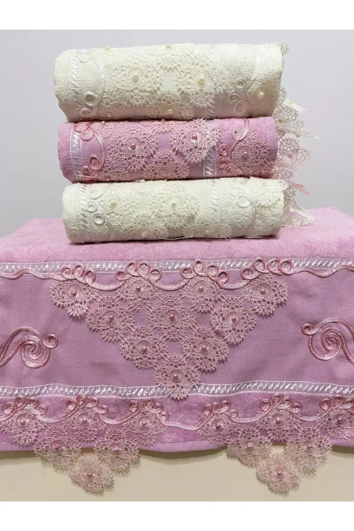 AYHANHOME 50x90 4'lü Pamuklu Kadife Iğne Oyası Dantel Motifli Havlu Seti