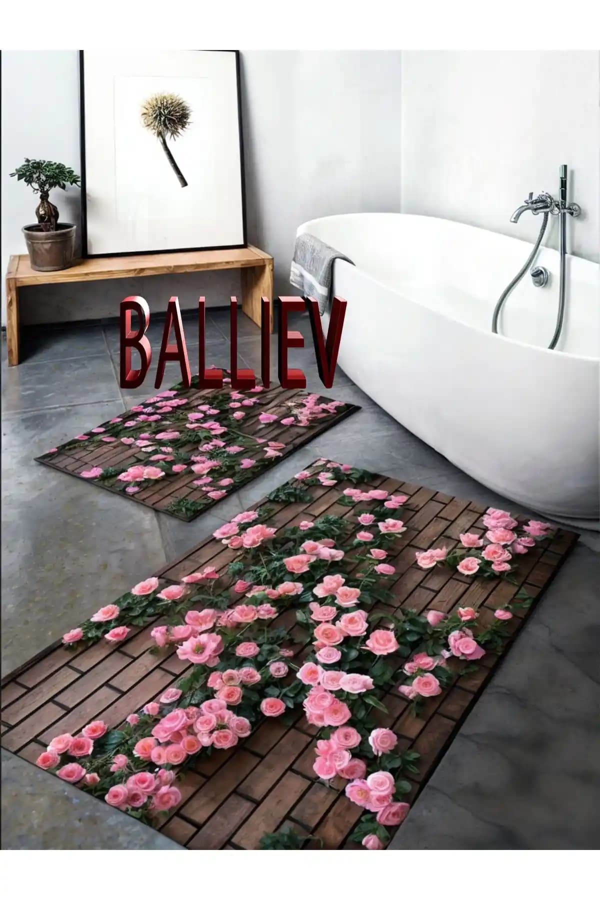 Balliev Pembe Çiçekli Yıkanabilir Banyo Halısı Estetik ve Fonksiyonel Tasarım