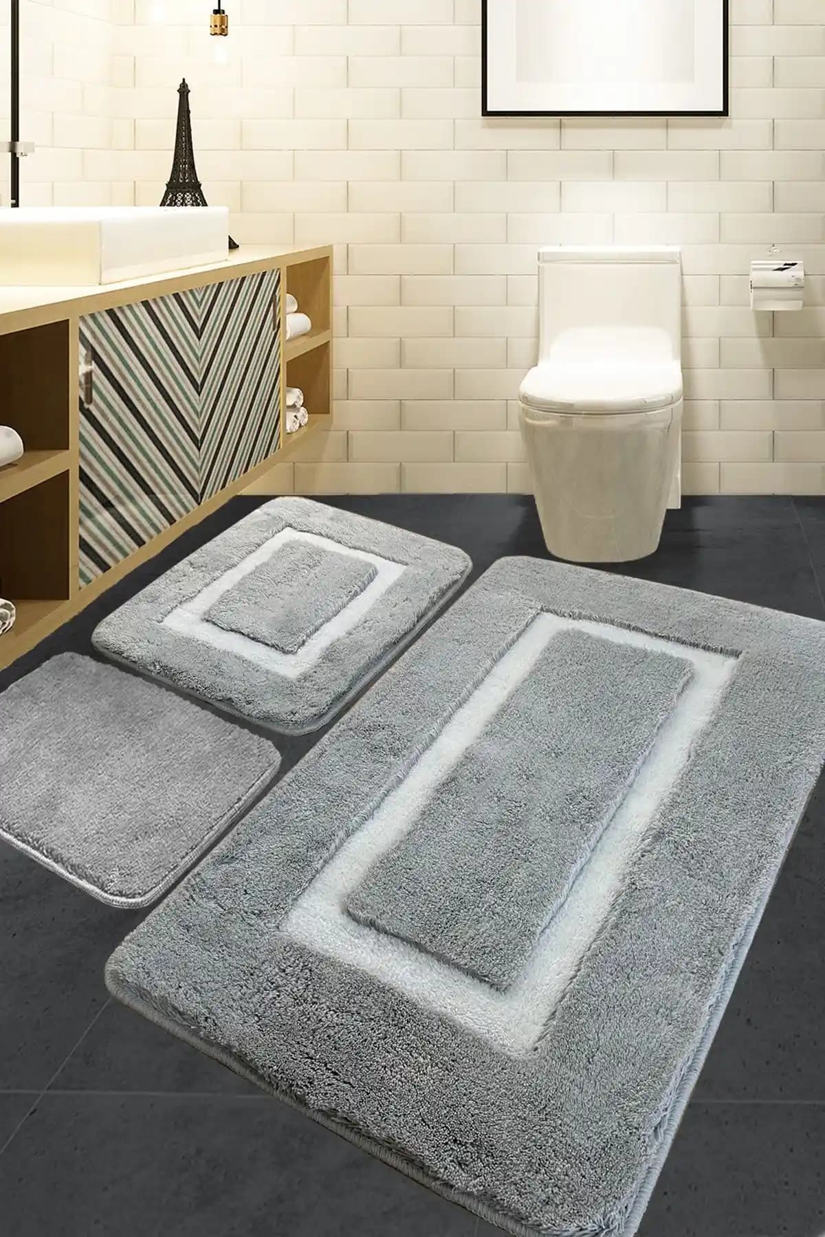 Chilai Home Quadrato Gri 3'lü Banyo Halısı Seti Modern ve Dayanıklı Tasarım
