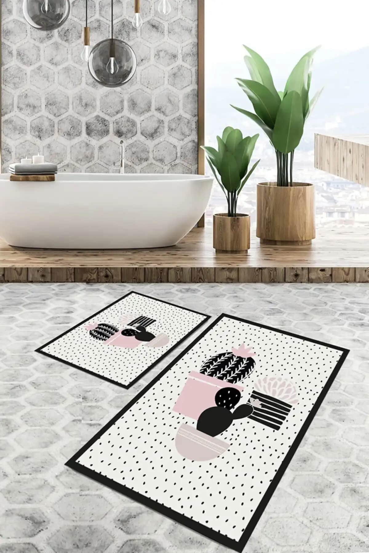Genel Markalar Kaktüs Desenli Benekli Halı Takımı 60x100 ve 40x60 Ölçülerle Modern Tasarım