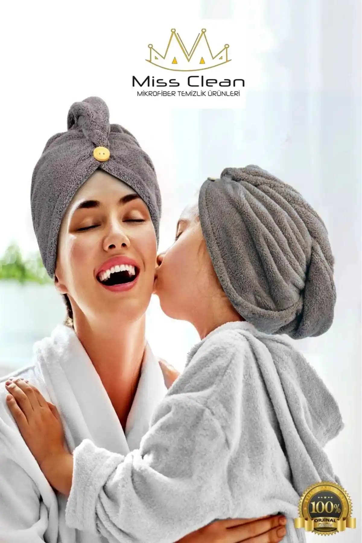 MissClean Gri Mikrofiber Saç Havlusu - Hızlı Kurutma ve Saç Bakımı İçin Modern Tasarım