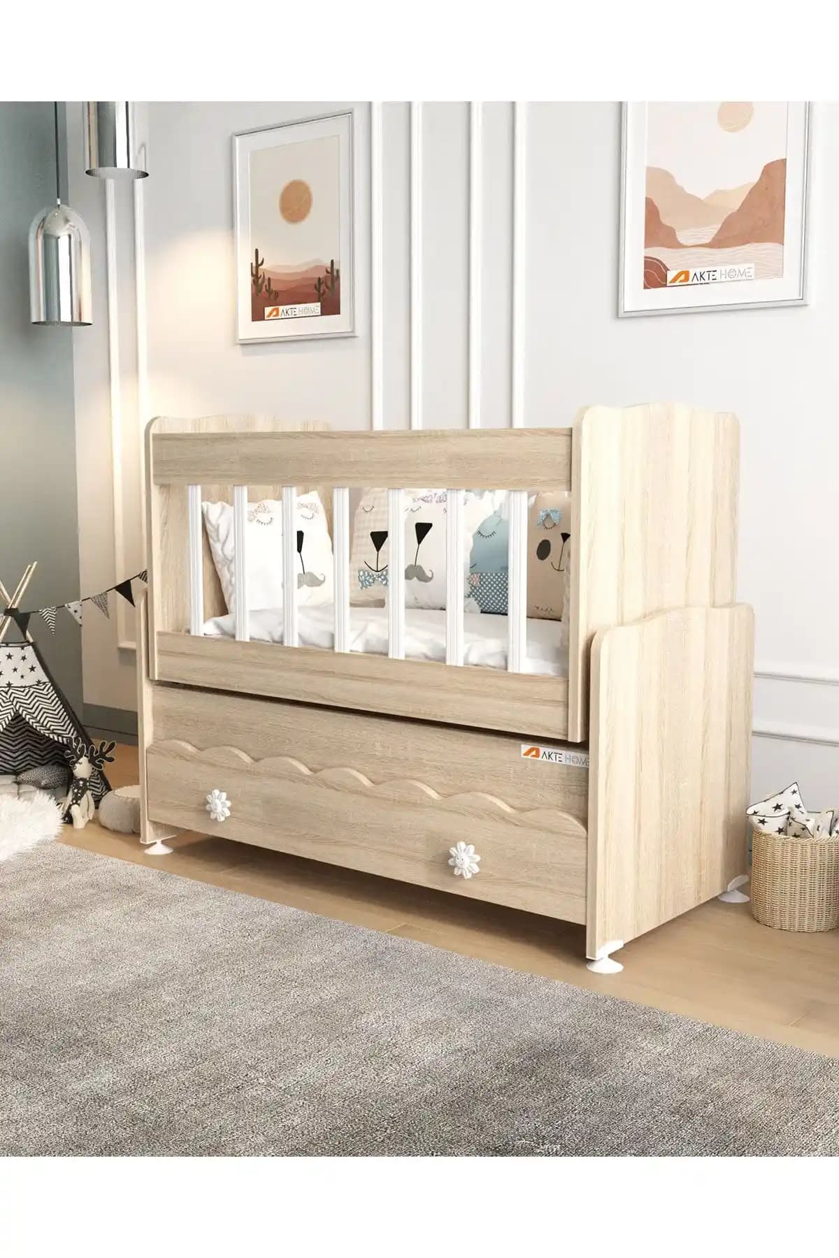 Modern ve Güvenli Aktehome Çekmeceli Sallanır Anne Yanı Ahşap Bebek Beşiği (Sonoma)