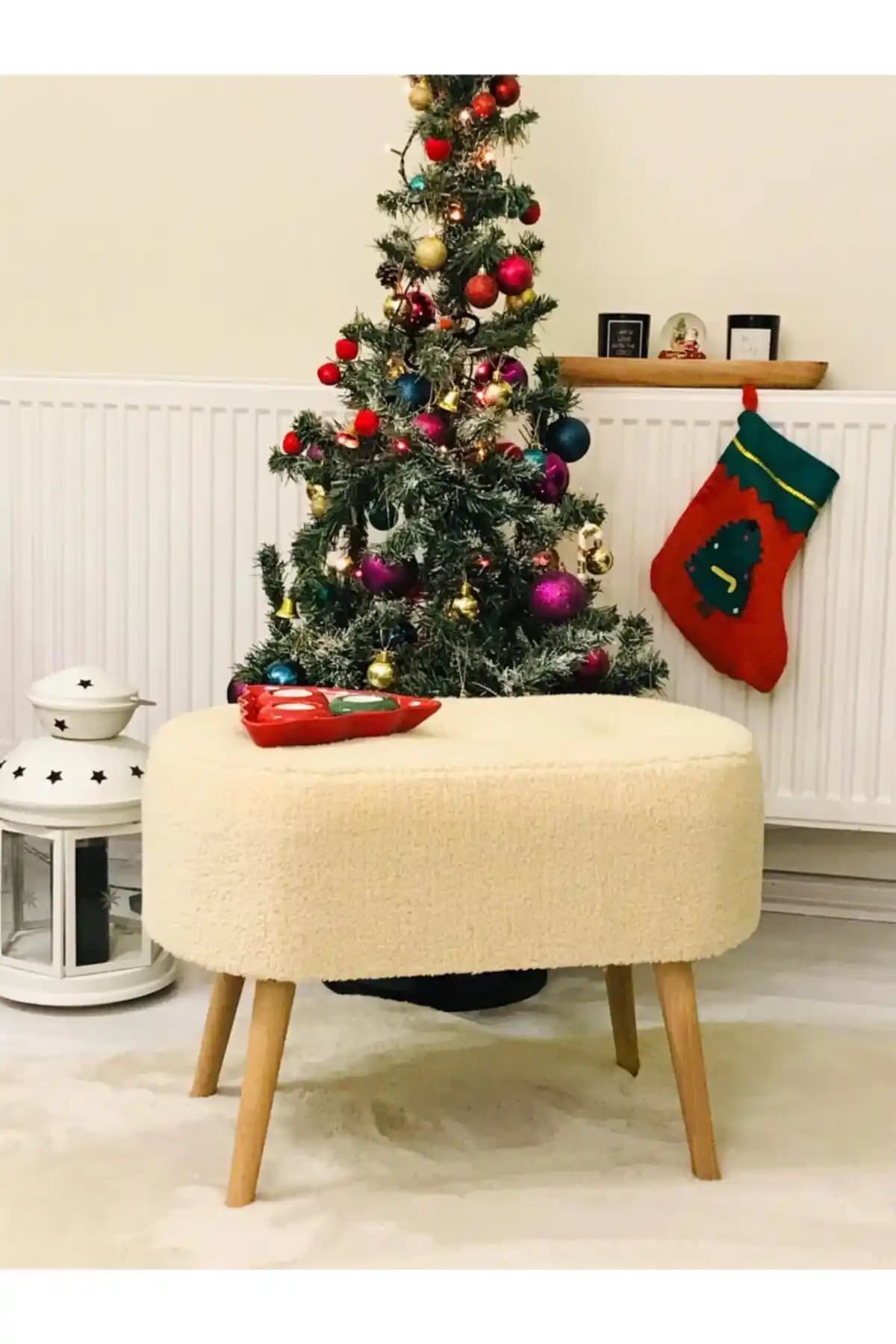 WEBPANYA Gürgen Ahşap Ayak Tedy Kumaş Oval Puf: Modern ve Dayanıklı Oturma Çözümü